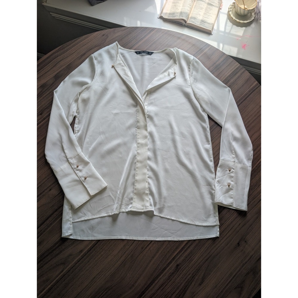 Zara Minimalist S Ivory Blouse Gold Button Long Sleeve High Low Top Office Wear
